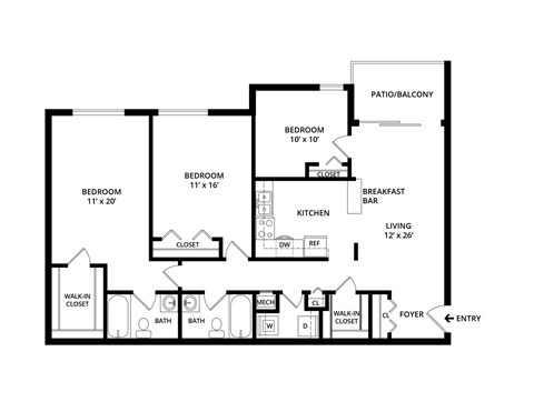 Floor plan for 3 beds, 2 baths, 1262 sqft